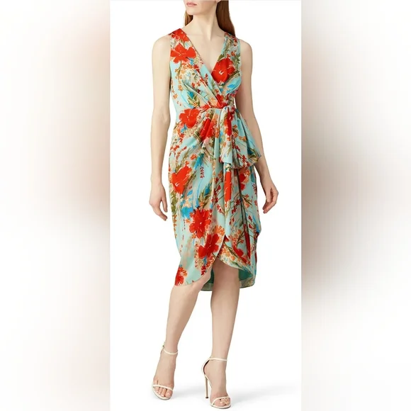 Badgley Mischka Aqua Multi Print Dress SZ 6 - Picture 2 of 12